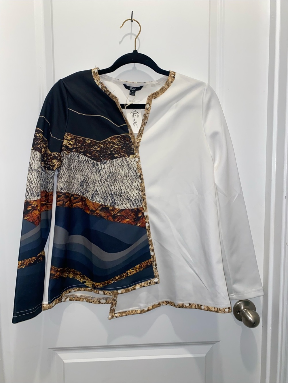 Alfani Mixed-Print White and Navy Long-Sleeve Blouse